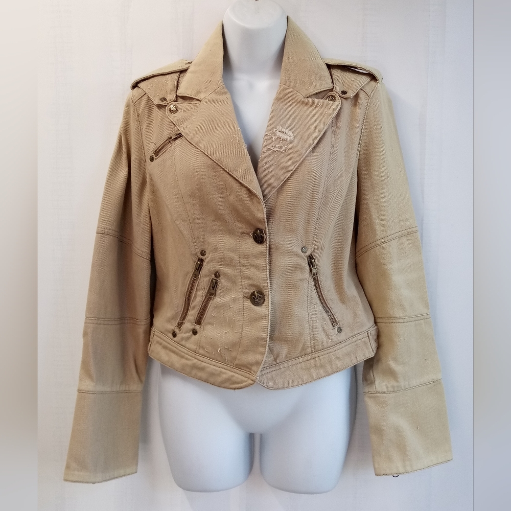 Zoompy Women's Distressed Ripped Denim Jacket Khaki Tan Sz S